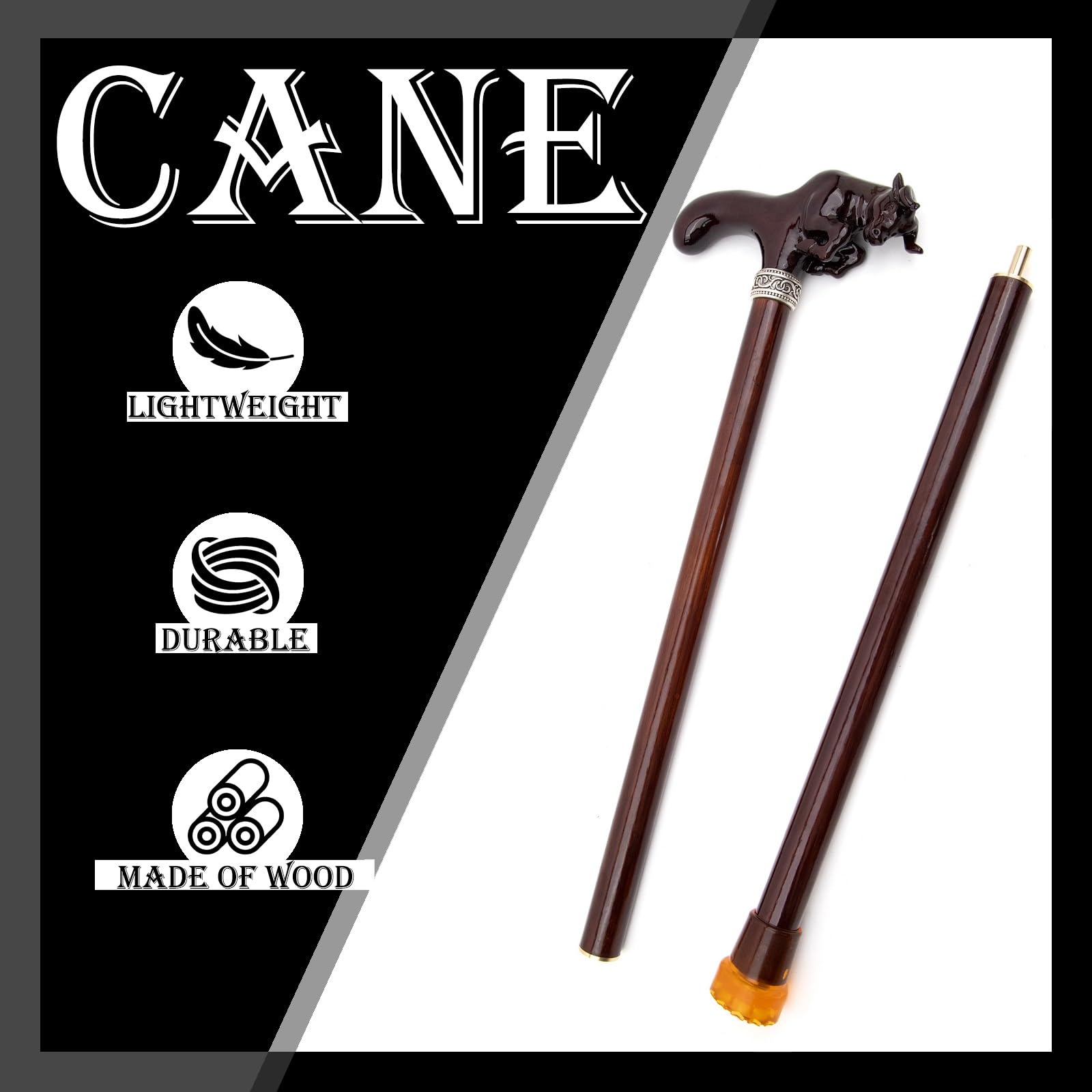 Bastón de Senderismo de Madera con Diseño de Vaca, Bastón de Madera Maciza, Bastón de Paseo Moderno, Creativo y Original, Hecho a Mano, para Hombre y Mujer