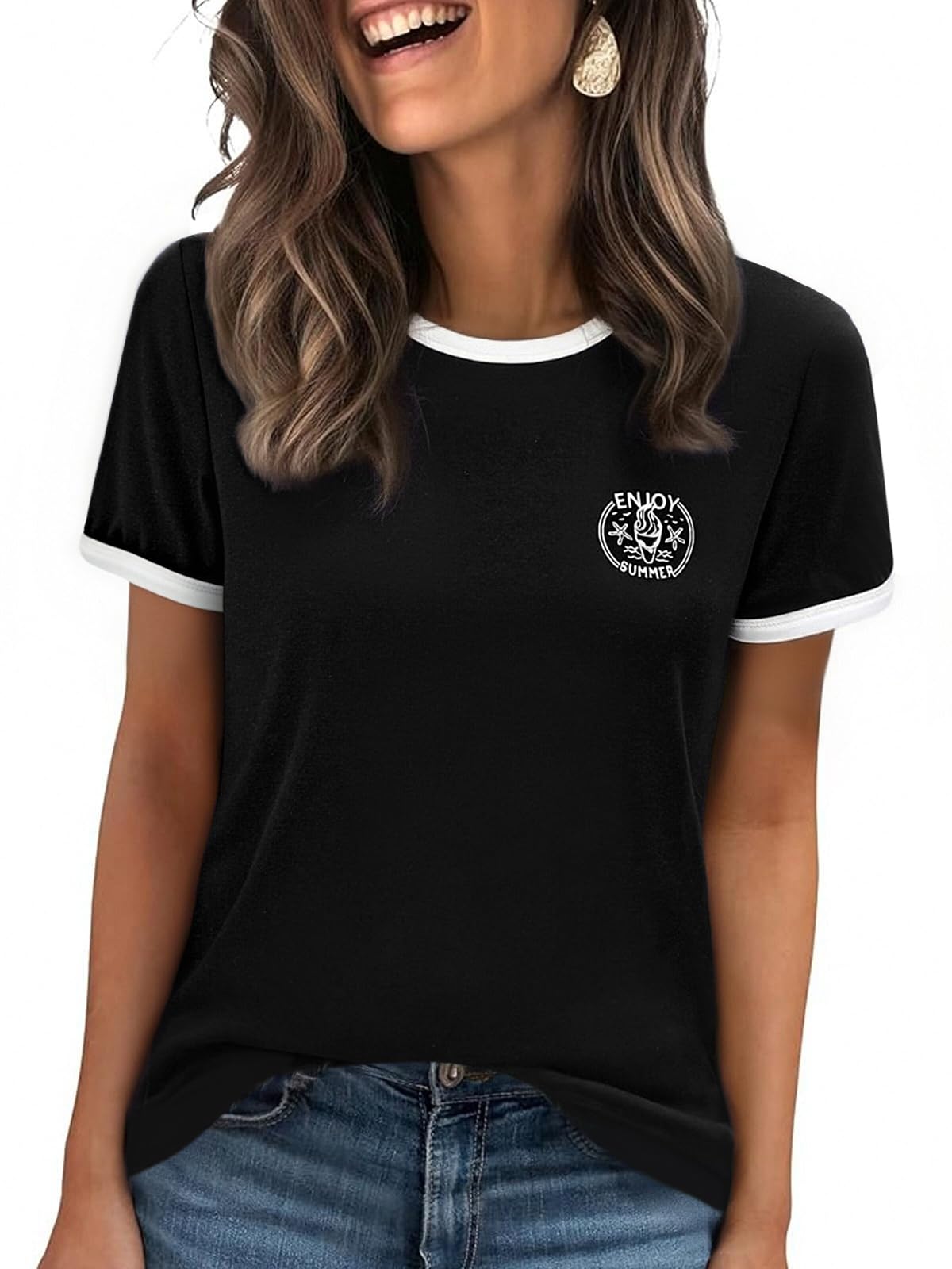 Wayleb T Shirt Damen Rundhals Kurzarm mit Print Sommer T-Shirt Casual Oberteile Elegant Tee Tops S-XXL