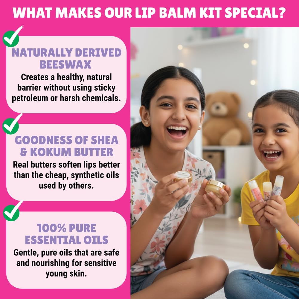 Kalakaram DIY Lip Balm Making Kit - Make 15 Lip Balms with Shea & Kukum Butter, Beeswax, Vitamin E Oil, Grapeseed & Essential Oils, DIY Activity Kit for Kids & Craft Kit for Girls 9-12 3