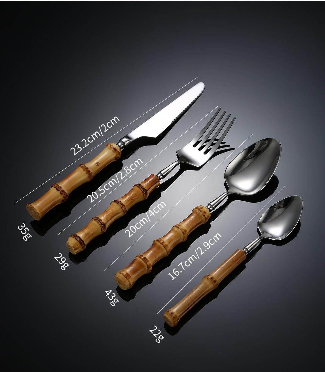 Juego de Cubiertos de Plata (4/16/24/32/40/48 Piezas), Mango de bambú Natural 304, Cuchillo, Tenedor y Cuchara de Acero Inoxidable, vajilla de Hotel, Cuchillo para Carne, Plateado (32 Piezas)