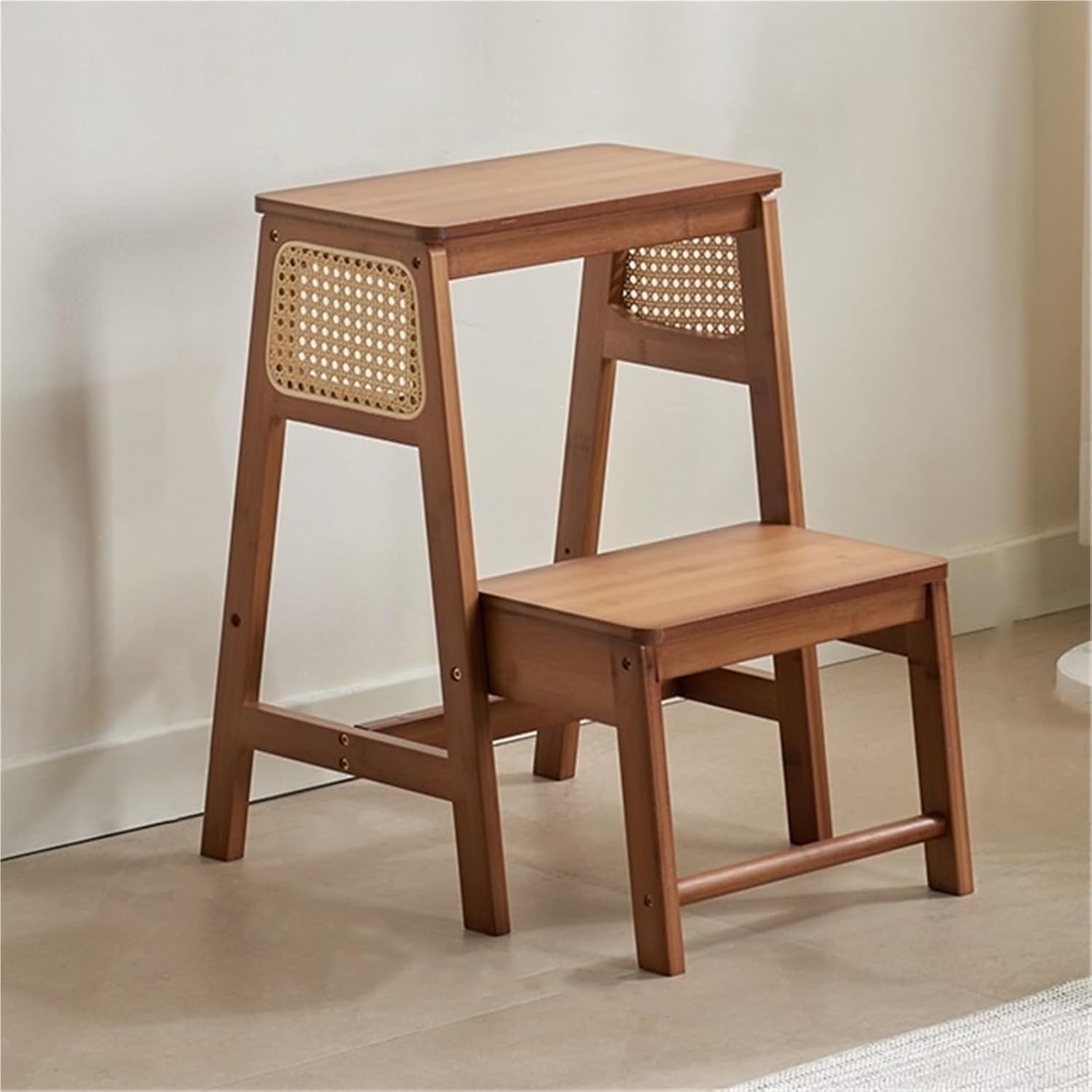 Folding 2 Tier Step Stool Wooden Step Ladder 2-in-1 Foot Stool Library Ladder Chair Portable Step Stool Chair for Kitchen Closet Room Long-Lasting(Brown)