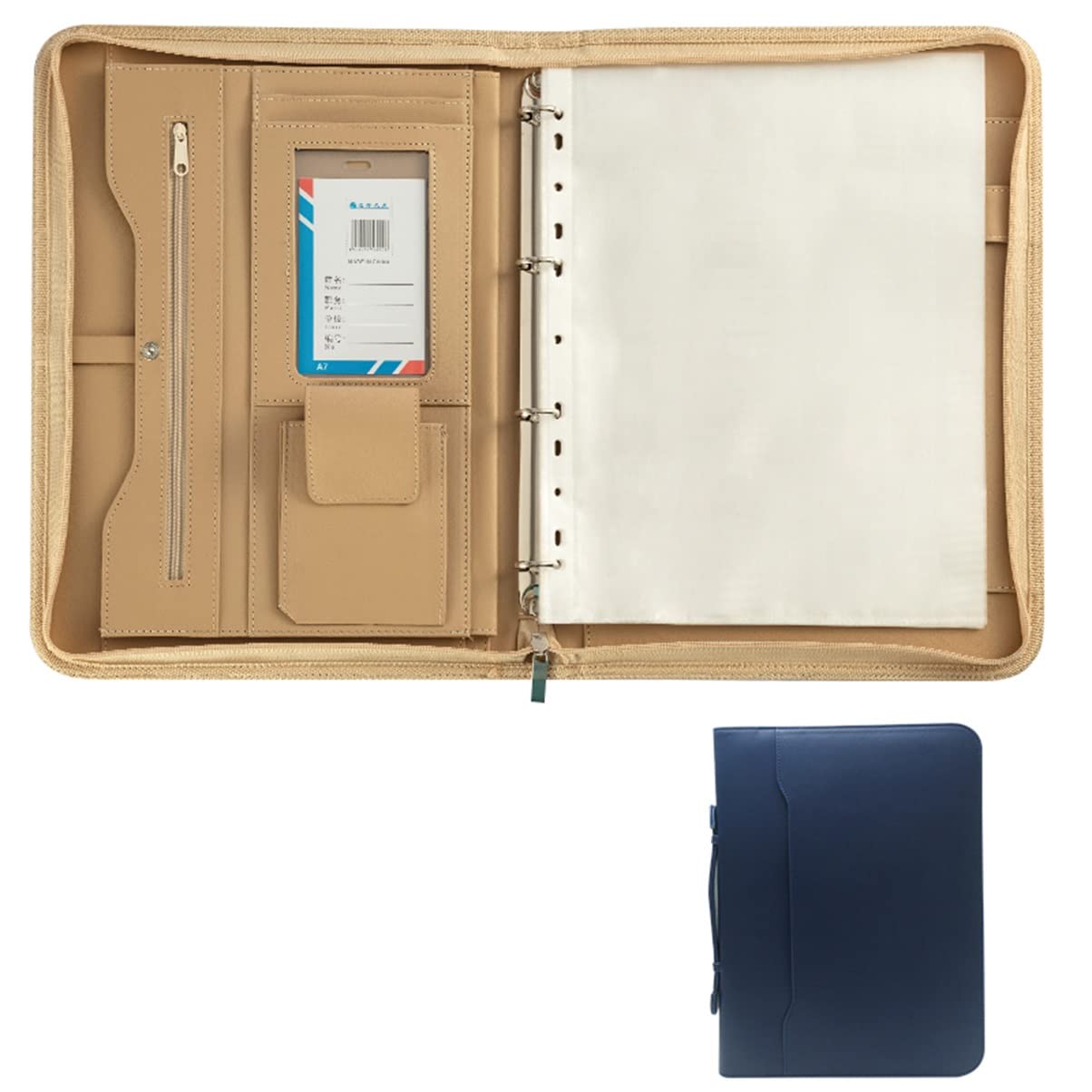 Porte Documents A4 Conférencier, Portefeuille Porte-Documents avec poignée dissimulée, Pochette de Rangement zippée, Bloc-Notes Amovible à 4 Anneaux pour Cartes, passeports, Billets