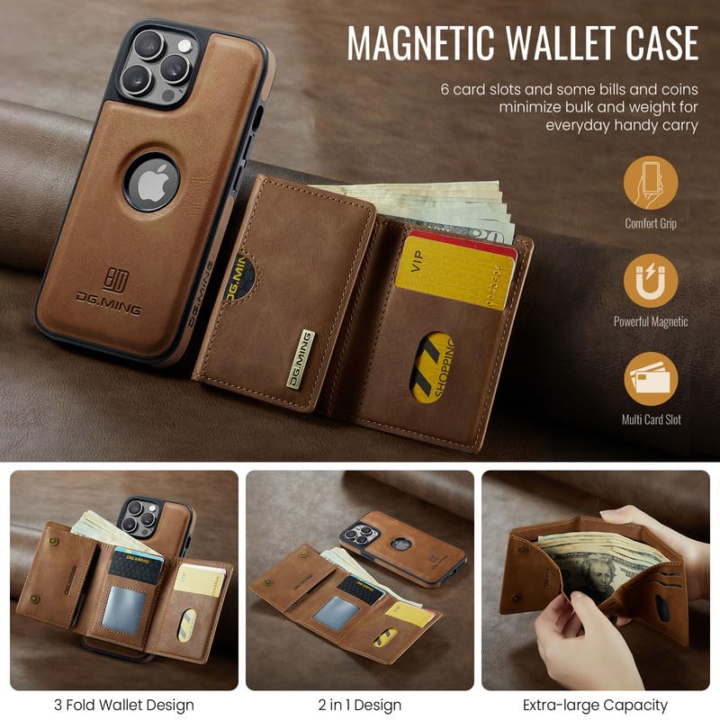 Coque iPhone 13 Pro Max détachable 2 en 1 blindée RFID en cuir brun