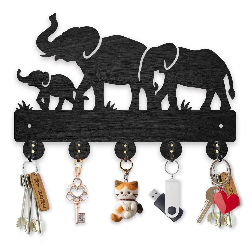 Porte-manteau mural éléphant en bois noir pour organiser l'entrée et la chambre à coucher