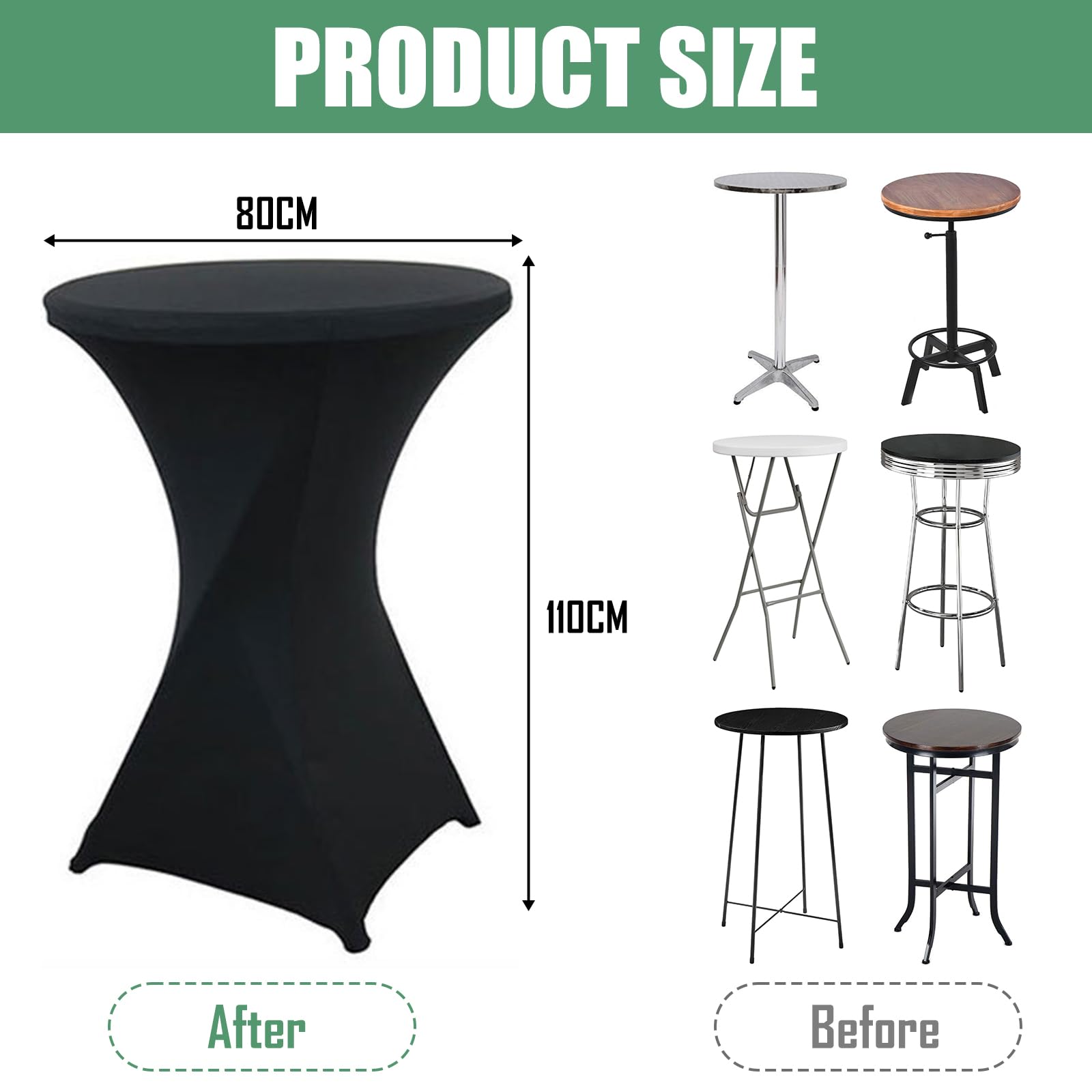 Set de 6 Funda Mesa Plegable, Fundas Elásticas para Mesas Redondas de Bar, Ø 80-85 cm Mantel Elastico, Mantel Mesa Redonda para Cóctel Boda Banquete (80 x 110 cm, Negro)