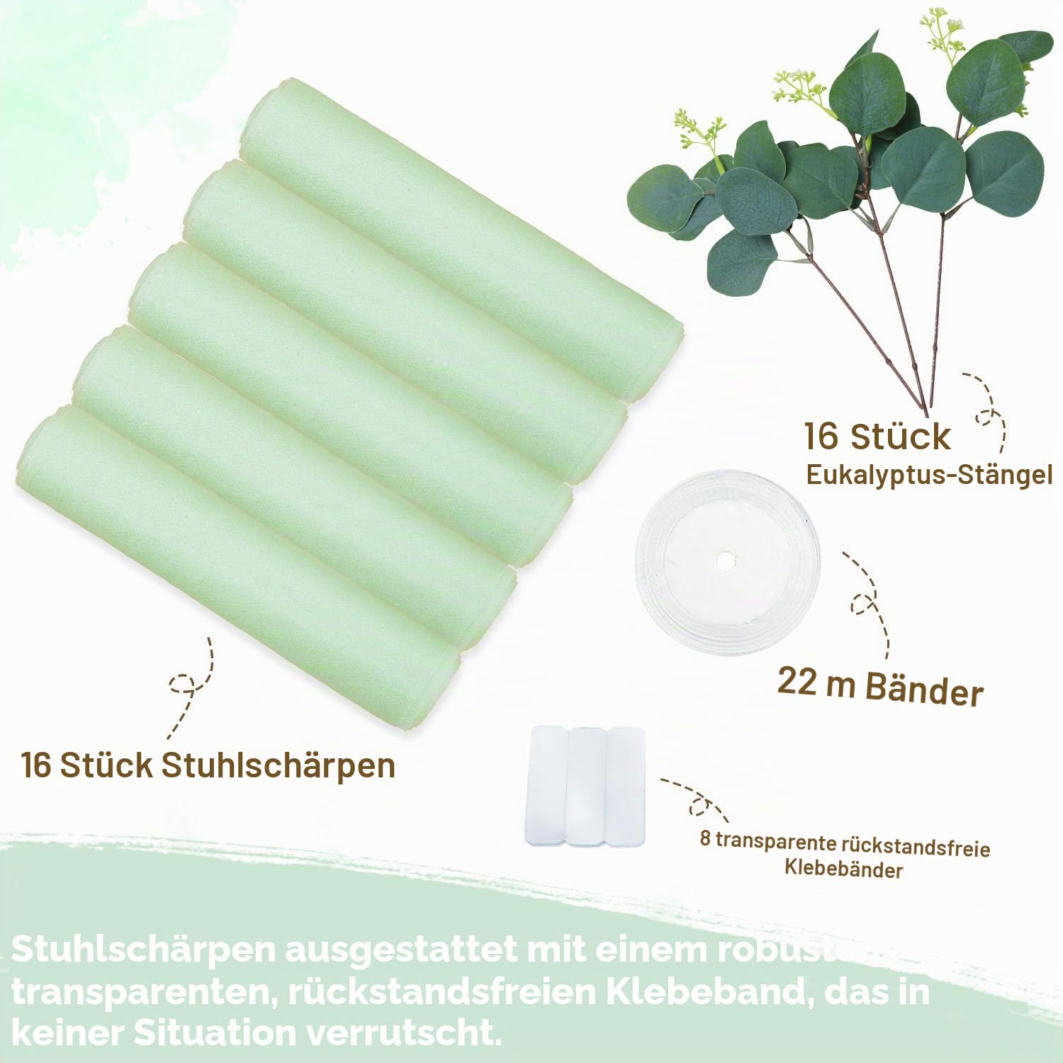 FUHSY Stuhlschärpen, Salbeigrün, Hochzeitsstuhldekorationen, 16 Stück, Stuhlbezug, 2,4 m lang, durchsichtige Chiffon-Schleifen für Stühle, Gangdekoration, für Hochzeitszeremonie, Kirche, Kirche