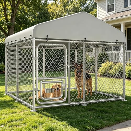 COMHOMA 7.5×7.5FT Dog Kennel Outdoor with Adjustable Bowls Feeder,Large Metal Dog Enclosure with Weather-Resistant Cover,Lockable Gate for Medium Large Dogs (Gunmetal, 7.5x7.5FT (90x90in))