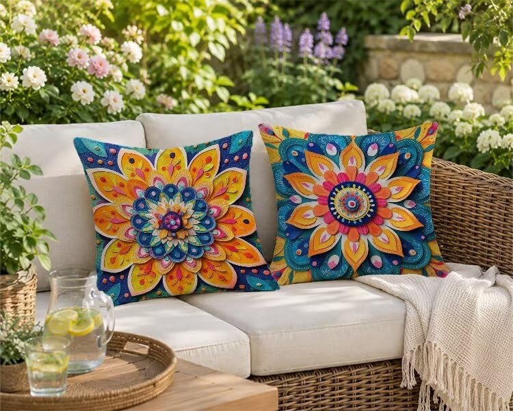 Housses de coussin extérieur 55x55 lin lot de 2 imperméables bohème - 3