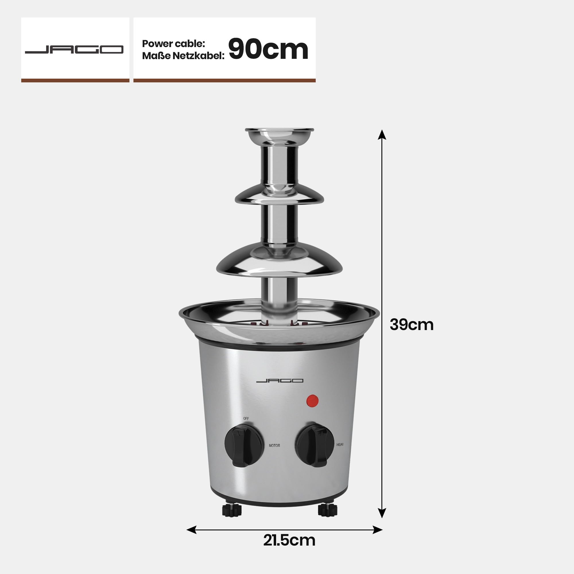 Jago® Schokoladenbrunnen 275W - 3 Etagen, Max. Kapazität 1 kg Schokolade, Edelstahl, Spülmaschinengeeignet, Silber - Schokobrunnen, Schokofondue, Schokoladenfondue, Schokoladenfontäne