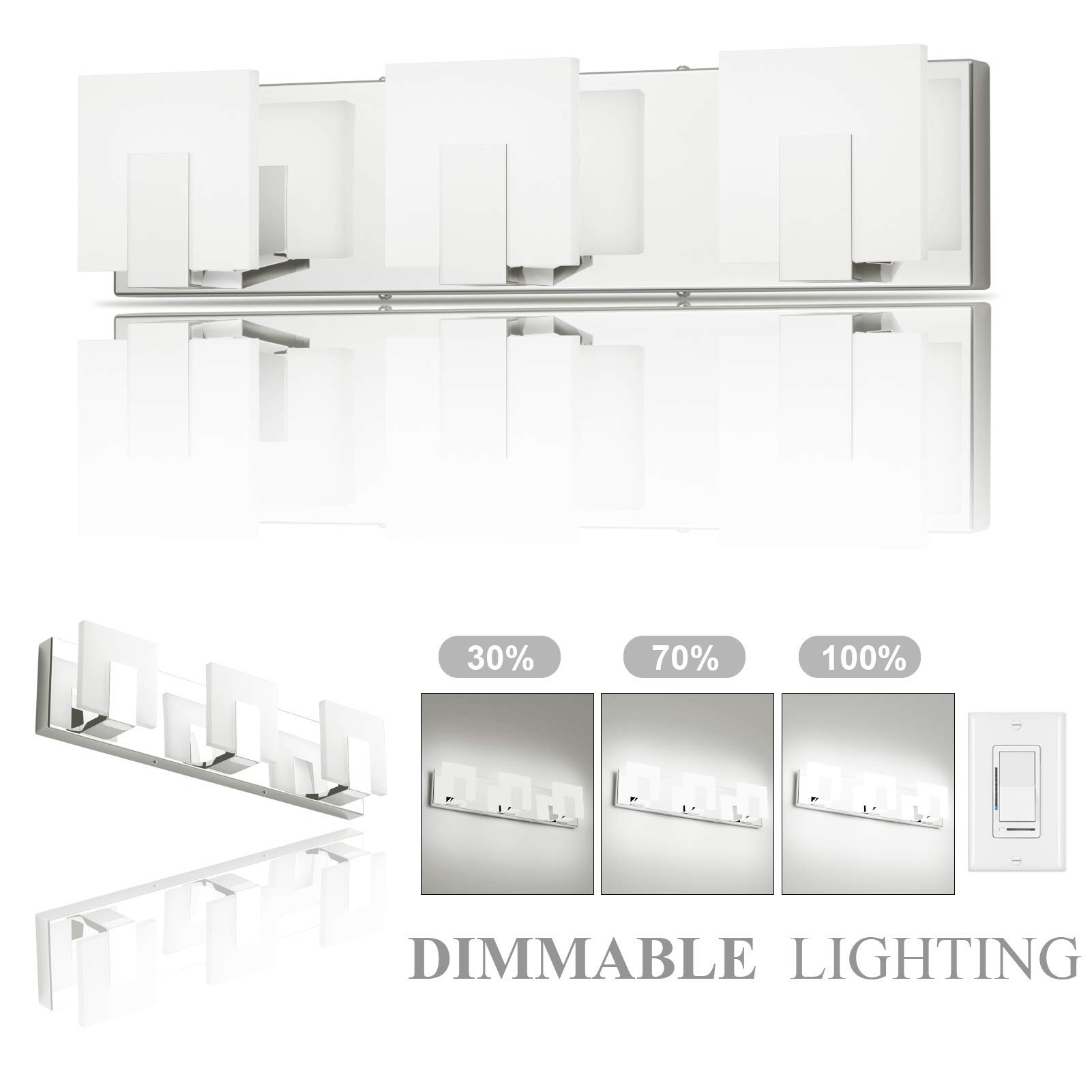 3 luci dimmerabili Moderne luci toeletta LED Bagno Smerigliato Bianco Acrilico Cromato su e Giù Applique Parete Bagno su Specchio