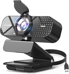 Webcam Full HD 1080P avec correction automatique de la lumière, microphone à réduction de bruit, couverture de confidentialité et objectif grand angle, caméra USB plug & play pour ordinateur de bureau/portable/Mac/PC, compatible avec Teams/Zoom/Skype/streaming