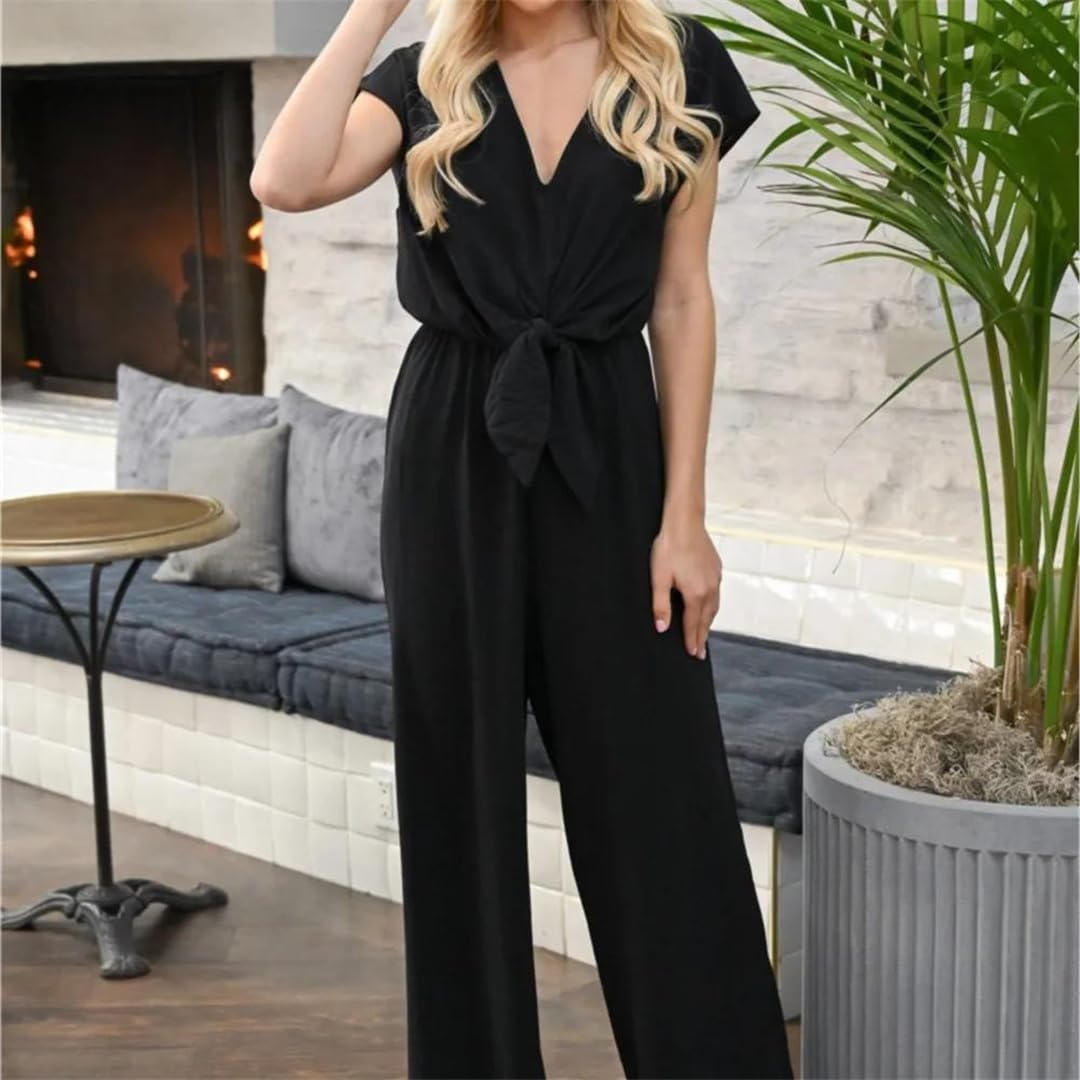 Yeuyyben Overol de verano para mujer, cuello en V, sin mangas, pierna ancha, color sólido, casual, ajuste holgado, espalda descubierta, para oficina