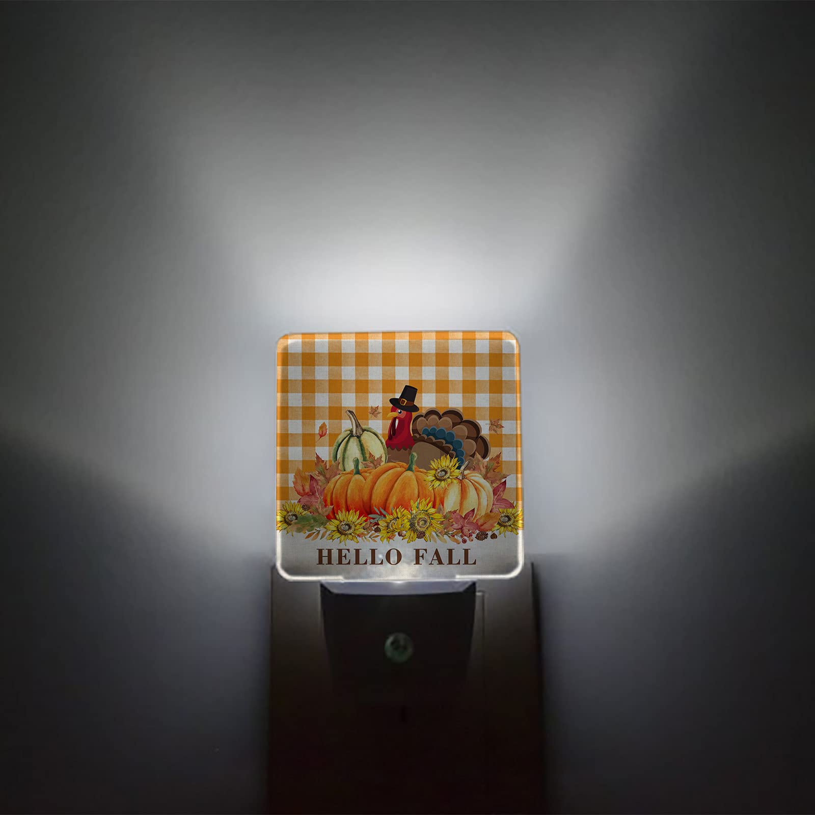 Night Light for Kids Plug into Wall LED Lamp Dusk-to-Dawn Sensor,Hello Fall Turkey Pumpkin Flower Orange Buffalo Plaid Baby Nightlight for Bathroom Nursery Bedroom Hallway Stairs Home Room Decor
