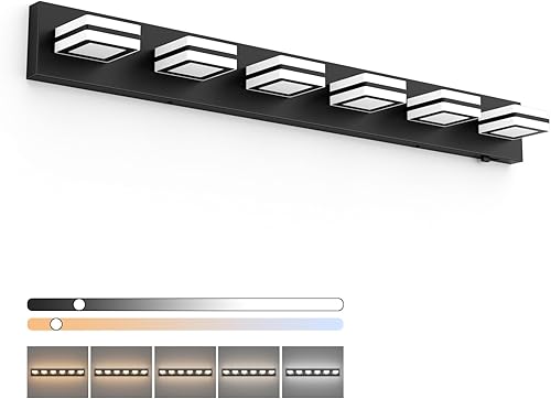 Ralbay Luces de tocador de baño negras con 5 temperaturas de color, regulables, 40.4 pulgadas, acrílico, moderno, mate, negro, para baño, 6 luces