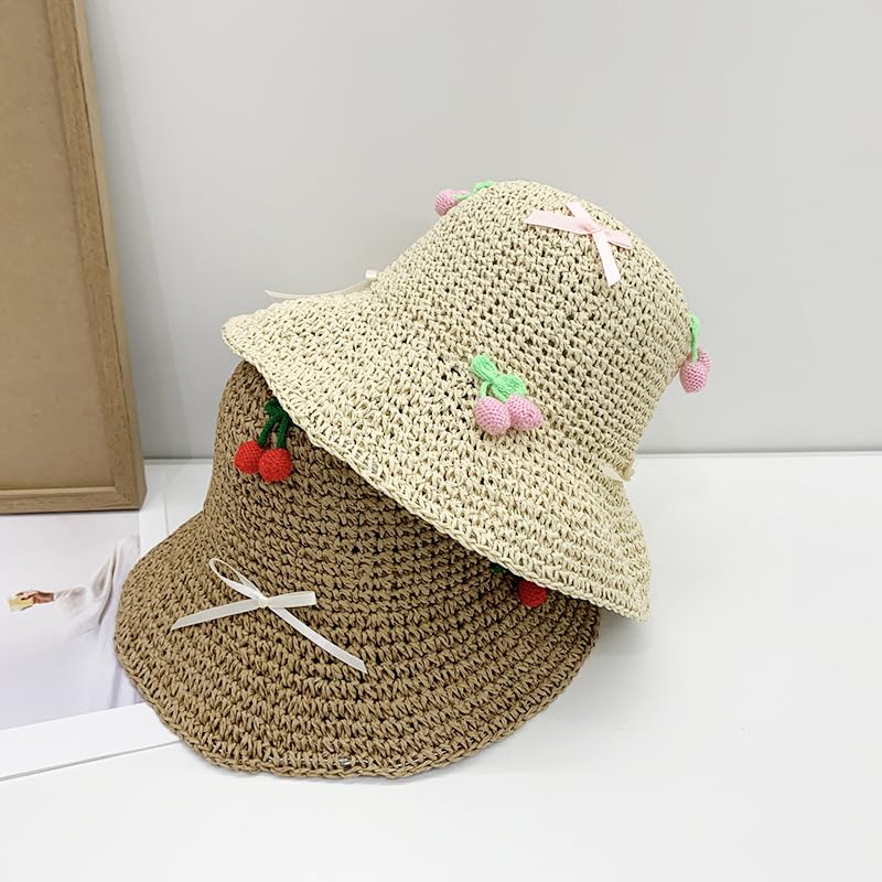 Sombrero de Paja de ala Ancha para Mujer,Plegable,Flexible,Ligero,con Lazo de Cereza,Transpirable,para Playa,para Caminar y Viajar
