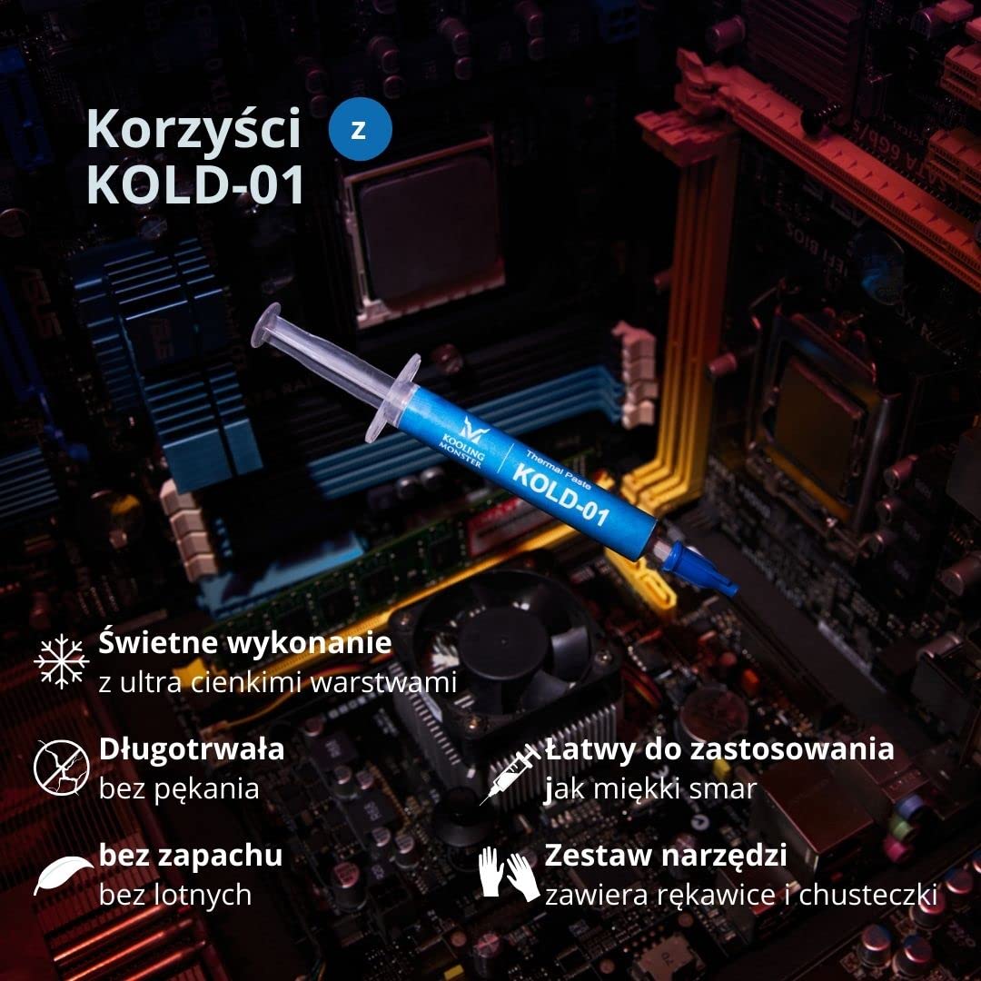 KOLD-01, Wysokowydajna Pasta Termoprzewodząca z Silikonu do Chłodzenia Wszystkich CPU/Radiatorów, Pasta Silikonowa Zaprojektowana dla Łatwego Rozprowadzania, Zawiera Rękawice i Chusteczki Czyszczące, Bez Zapachu (0,7ml/1,8g)