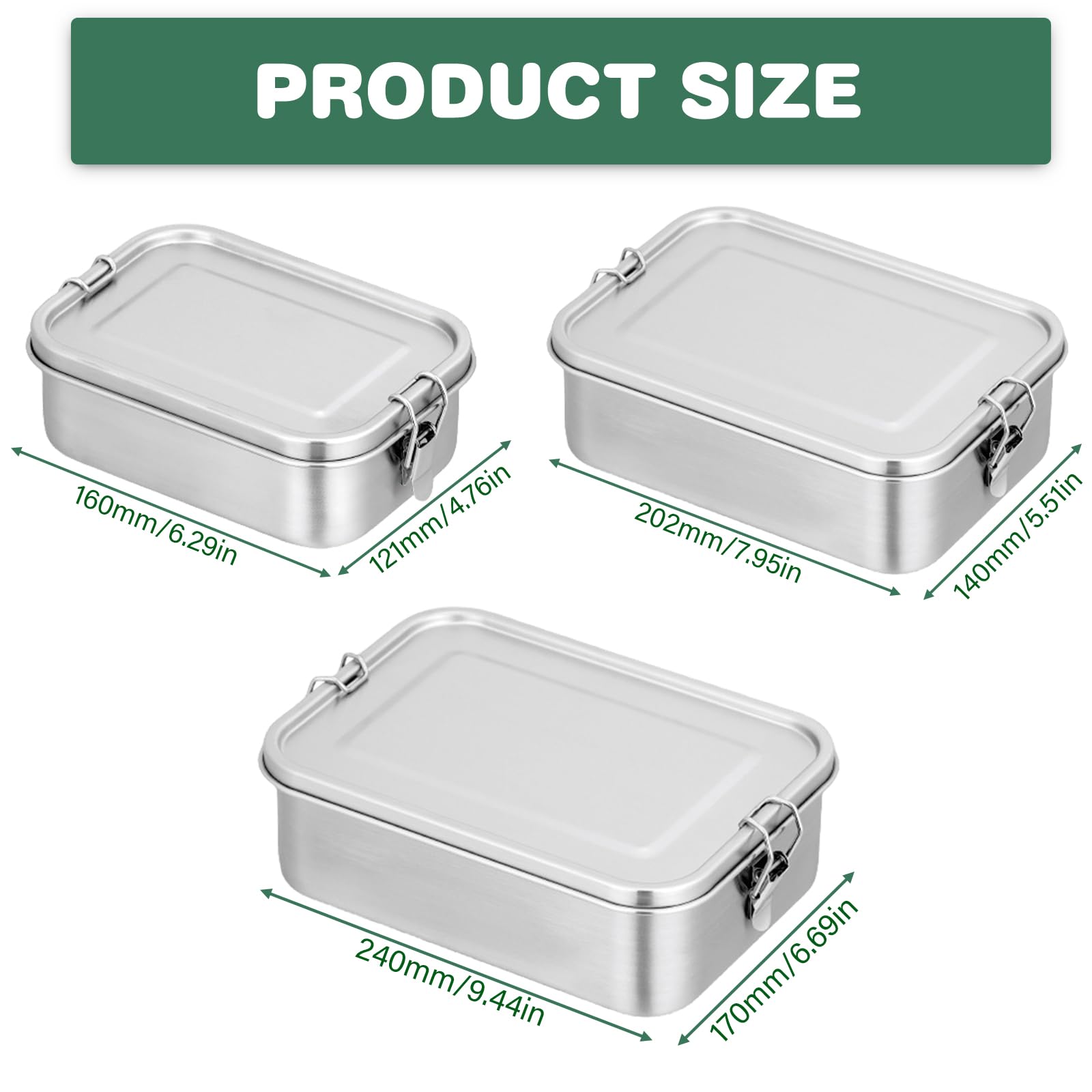 Pudełko śniadaniowe ze stali nierdzewnej 304, 3 sztuki, szczelne pudełko na lunch z przegródkami, 850 ml + 1400 ml + 2400 ml, ze stali nierdzewnej, nie zawiera BPA, metalowe, szczelne, na kemping