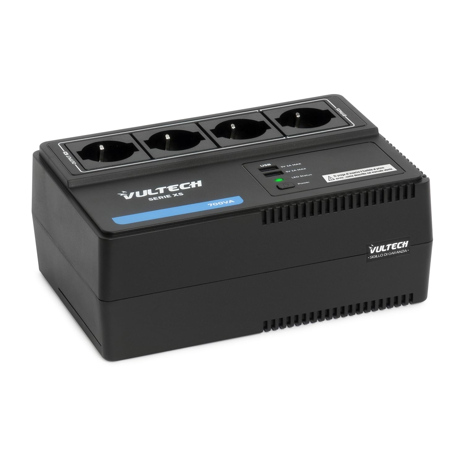 VulTech UPS700VA-XS UPS a Ciabatta Multipresa 700VA 390WA, Gruppo di continuità Tecnologia Line Interactive AVR, 4 Shuko per PC e modem, 2 USB per Smartphone e Tablet NO NAS/MAC