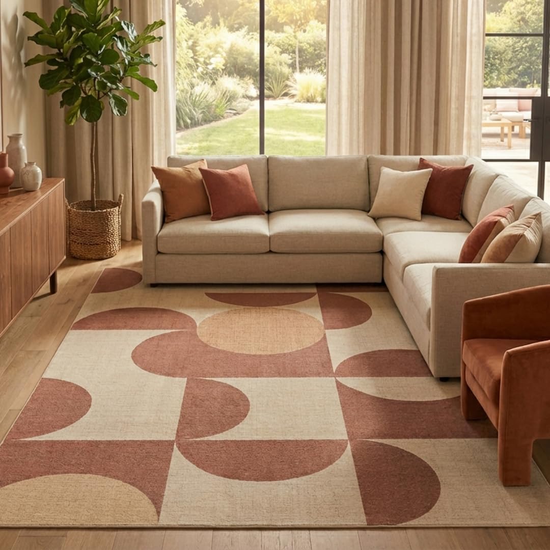 TAPISO Wisp Tapis de Salon Moderne – Motif Abstrait Géométrique Crème et Marron Poils Courts Doux et Résistant Facile à Nettoyer Résistant aux Taches 160 x 220 cm