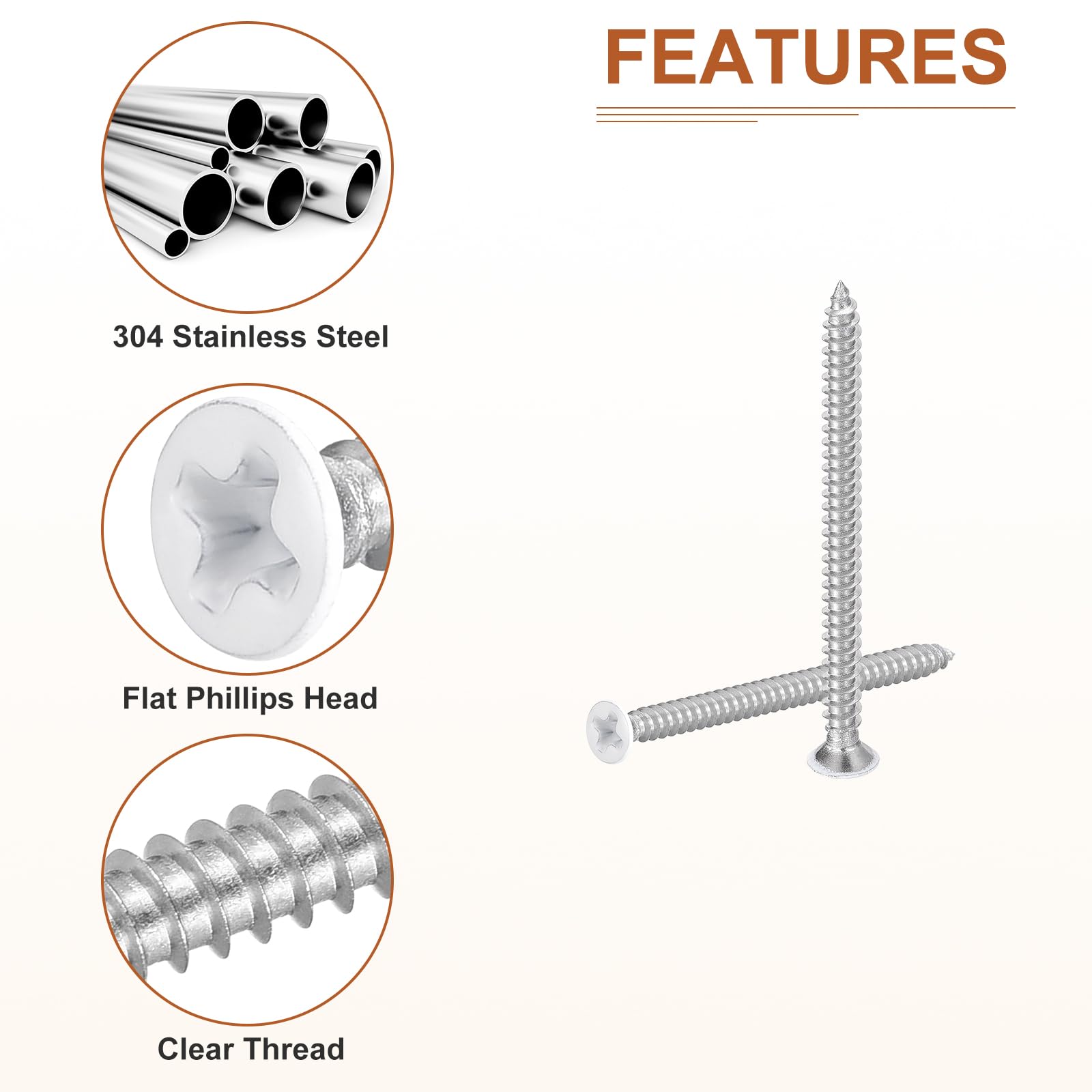 DTGN 25Pcs ST3.5x40mm Flat Head Wood Screws, 304 Stainless Steel White Phillips Self Tapping Screws - Image 4