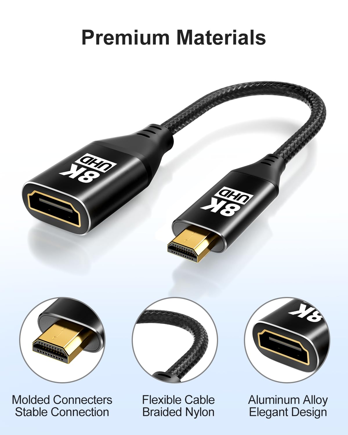 Adattatore da Micro HDMI a HDMI 8K, da maschio a femmina, HDMI 2.1, 8K a 60Hz, 4K@120Hz HDR 3D Dolby 48Gbps ad alta velocità, compatibile con proiettori, tablet, scheda grafica, videocamera, supporta