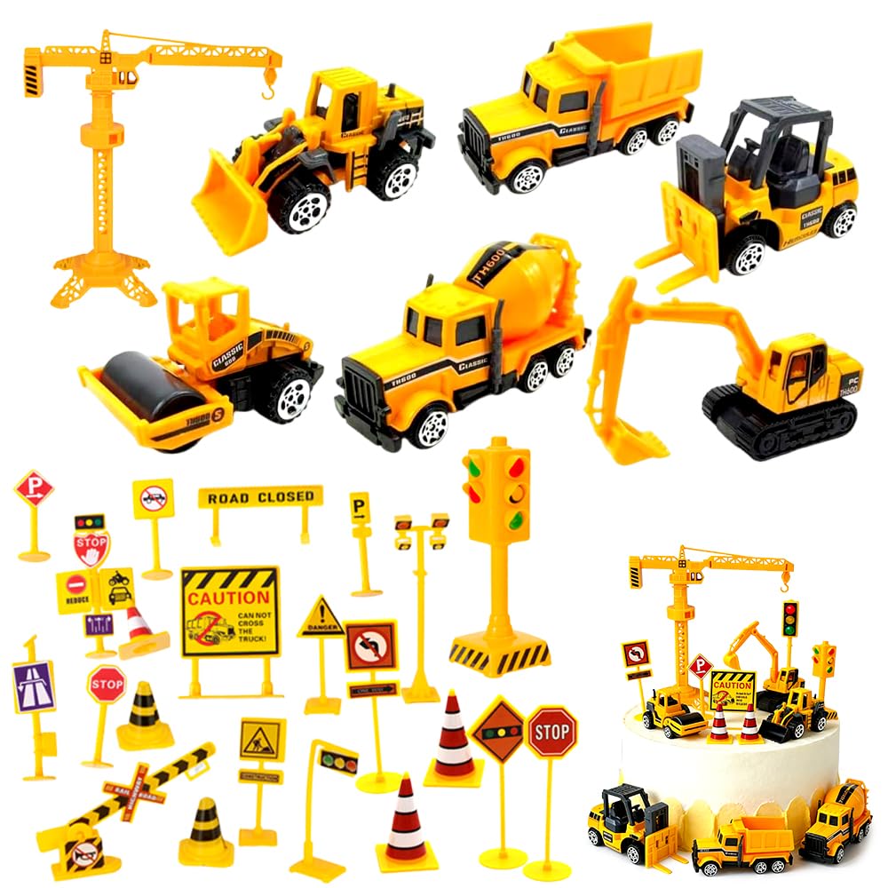 Construction Vehicles Toys,Construction Cake Toppers Vehicles Cake Decorations Excavator Building Toy Bulldozer Backhoe Traffic Road Sign Cake Decor Birthday Party Supplies
