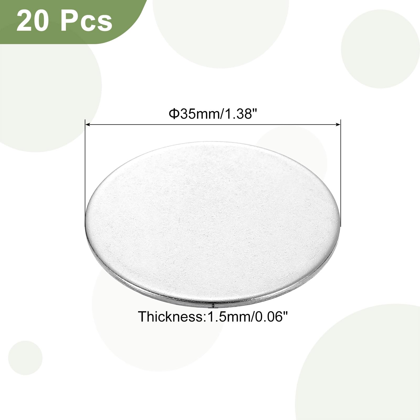 QUARKZMAN 20pz Disco in Acciaio Inossidabile, 1 3/8"(35mm) Dia 0,06"(1,5mm) Spessore 304 Acciaio Inossidabile Piatto Tondo Foglio Vuoto Tondo Cerchio Piastra per Artigianato Stampa Metalli