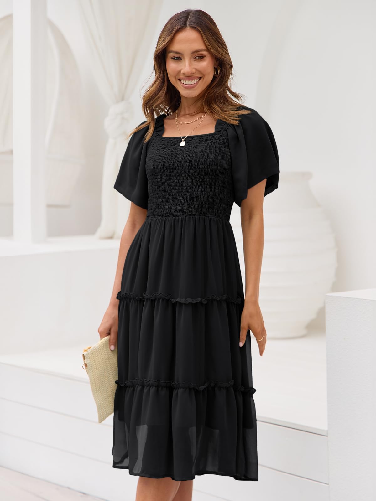 LILLUSORY Women's Summer Casual Flutter Sleeve Square Neck Smocked Midi Dress: Medium Black