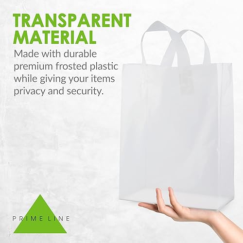 Miniatura 9 de Bolsas de plástico transparente con asas, paquete de 50 bolsas de regalo medianas blancas esmeriladas con parte inferior de cartón, bolsas de