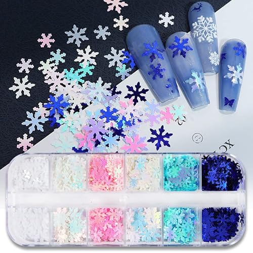 Abatare 12 Grids Christmas Nail Glitter Sequins, Christmas Snowflakes Designs Nail Accessories Decorations White Snowflake Nail Art Glitter Christmas Blue Pink Nail Glitter Powder Accessories Nail Decals thumb #1