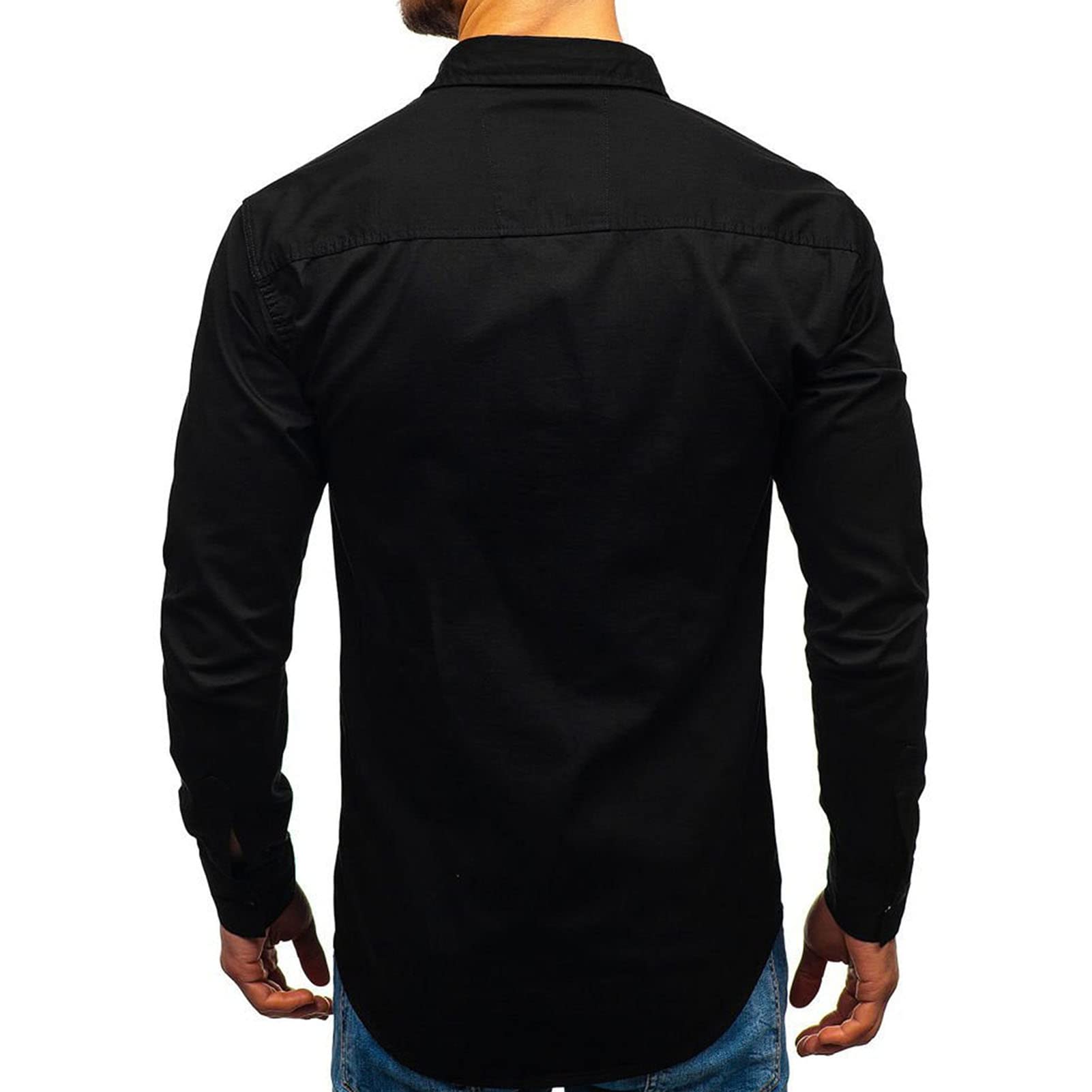 Men Long Sleeve Hiking Shirts Lightweight Tactical Button Down Cargo Shirt Solid Color Slim Fit Shirt with Pockets (Black,Large)