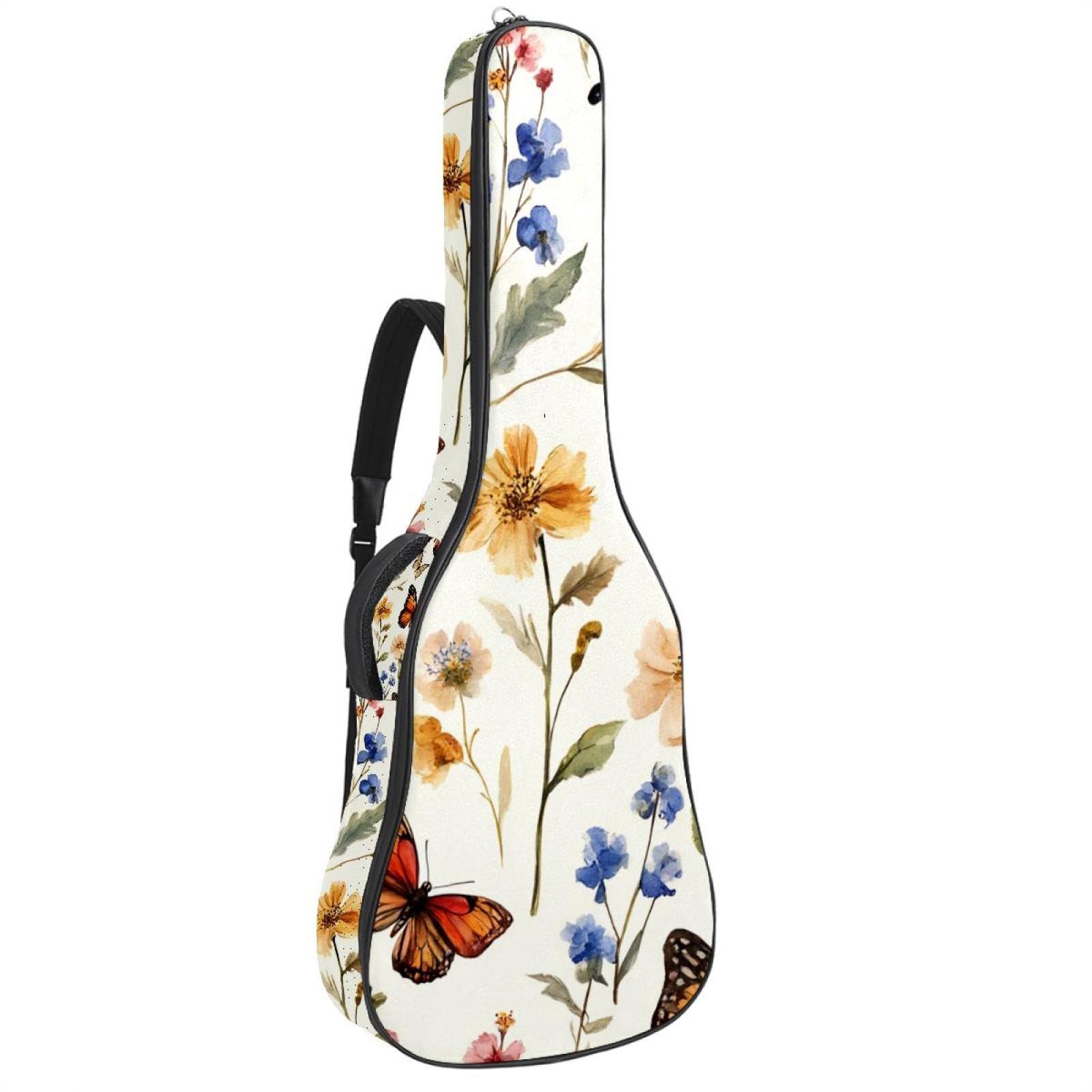Acoustic Guitar Bag 1 cm Thick Padding, Waterproof Oxford Cloth Guitar Bag Backpack for 40-42 Inch Electric Bass Classical Guitars, Seamless Floral Vintage Wildflowers and Butterflies