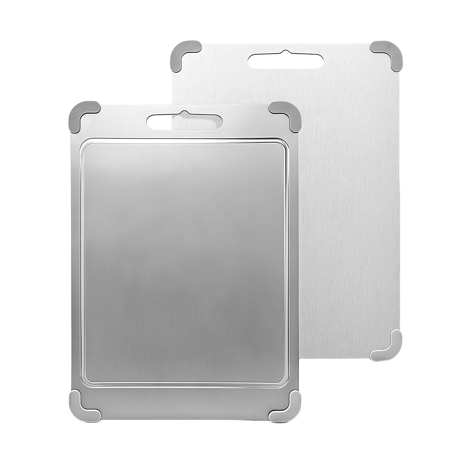 Tabla de Cortar de Acero Inoxidable y PP, Uso Doble Cara y Antibacteriano, 36.5x25cm Antideslizante, Amigable con Cuchillos con Canal de Jugo y Mango, Libre de BPA Apto para Alimentos