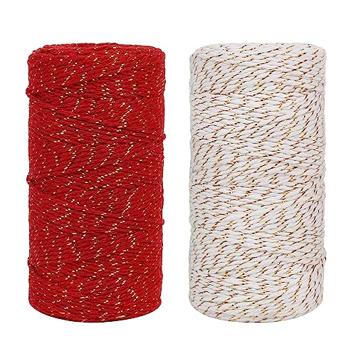 Tenn Well Bakers Twine, 2 Roll x 328 Feet 2mm Gold Wire Combined Christmas Twine String Ribbon for Gift Wrapping, Baking, Crafting, Holiday Decorations