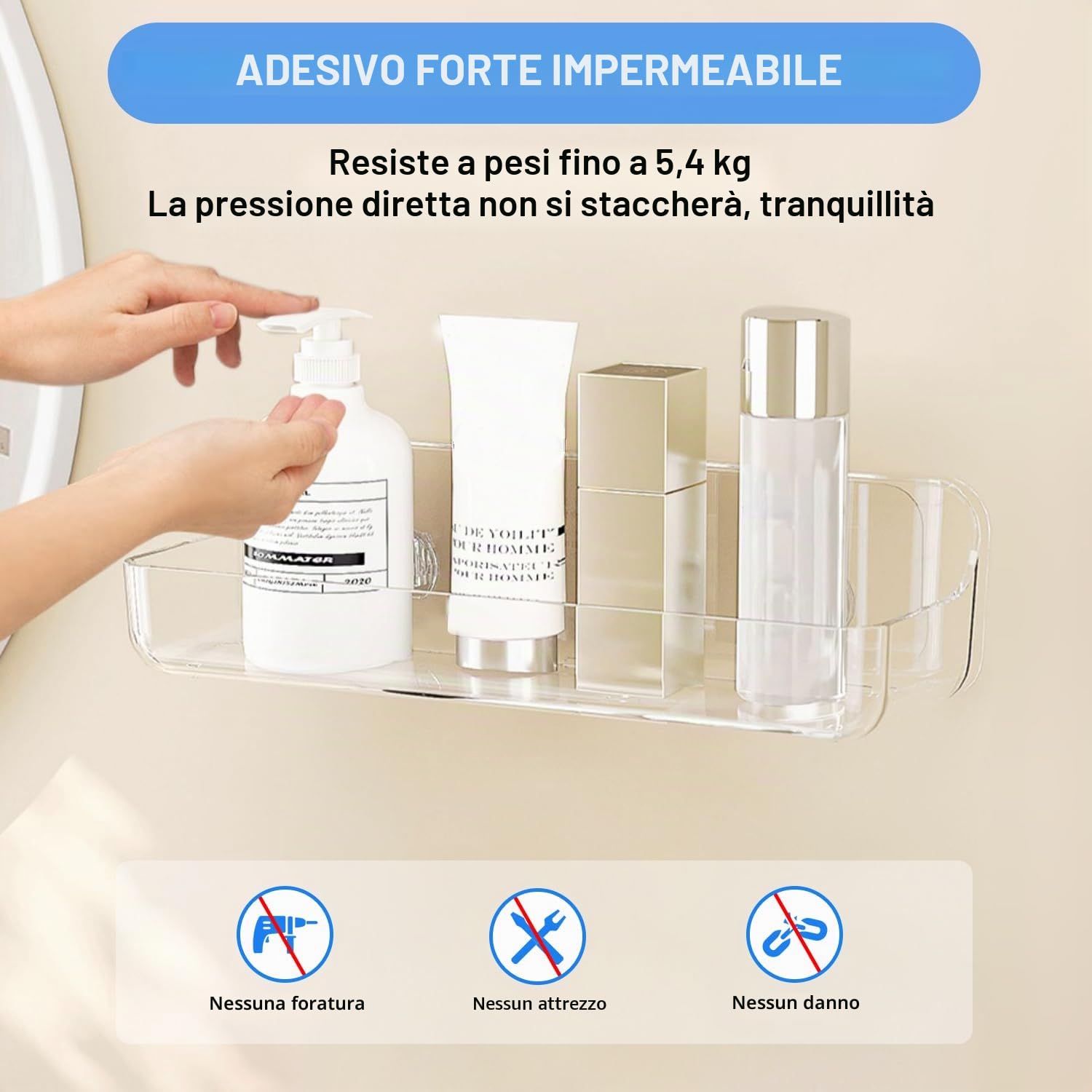 Diesisa 2 Pezzi Mensola Doccia Senza Foratura, Mensole Bagno a Parete, Porta Oggetti Doccia Adesive, Organizer Doccia Asciugatura Rapida, Porta Bagnoschiuma da Doccia per Bagno (Lungo-Trasparente)
