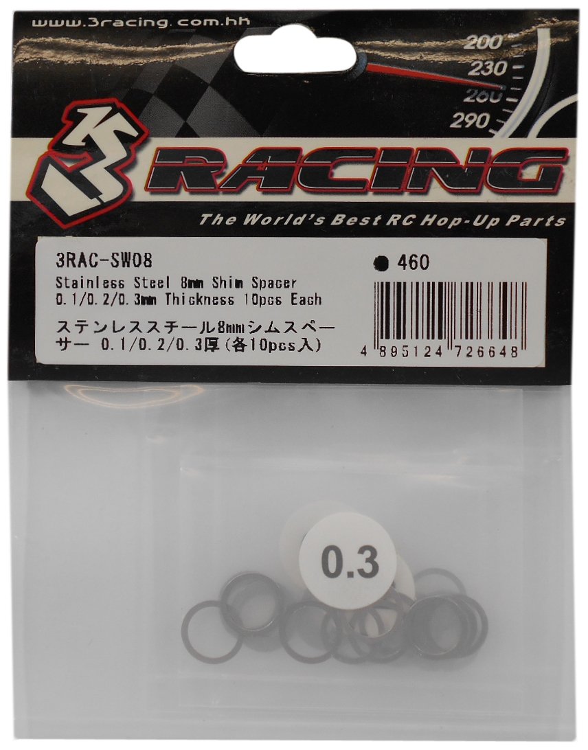3 Racing 3RAC-SW08 Stainless Steel 8mm Shim Spacers 0.1/0.2/0.3 Thickness (10 Pieces Each) (Three Racing)