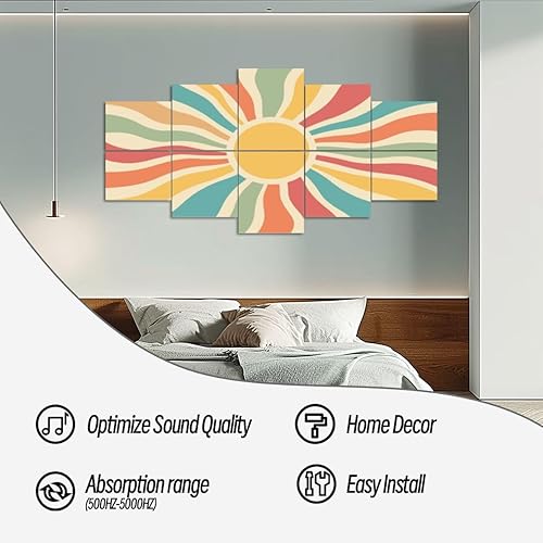 Miniatura 5 de Paneles de pared acústicos insonorizados, tapiz solar vintage, estilo bohemio, estilo retro de los años 70, salida del sol, arco iris, autoadhesivo,