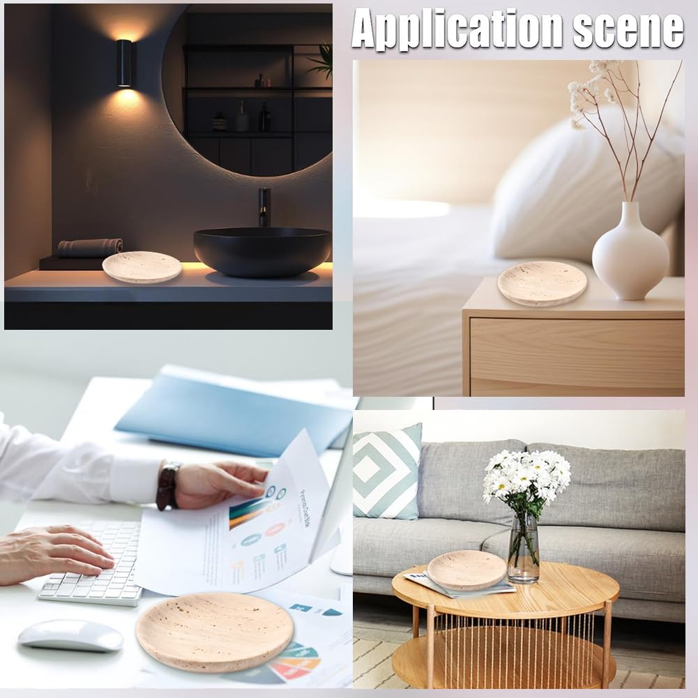 Beebeecraft Bandeja Redonda Y Plana de Mármol Travertino Natural para Guardar Joyas con Paño de Pulido para Pendientes Collares Y Decoración Del Hogar (Beige)