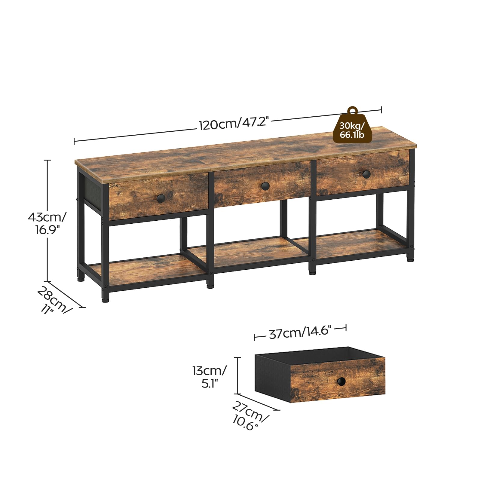 YATINEY Mueble para TV de hasta 50 Pulgadas, Mueble TV con 3 Cajones, Mueble Multimedia de Estilo Industrial de 120 cm de Longitud, para Salón, Dormitorio o Despacho, Marrón Vintage y Negro XDS12BR
