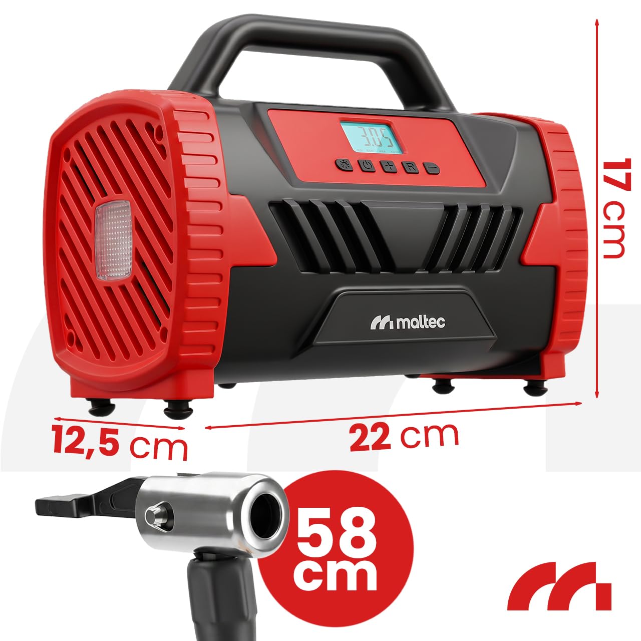 MalTec Kompresor samochodowy cyfrowy do pompowania opon, 150 PSI/10 bar, 12 V/230 V, przenośna sprężarka powietrza, elektryczna pompka samochodowa z diodami LED, wybór ciśnienia, automatyczne