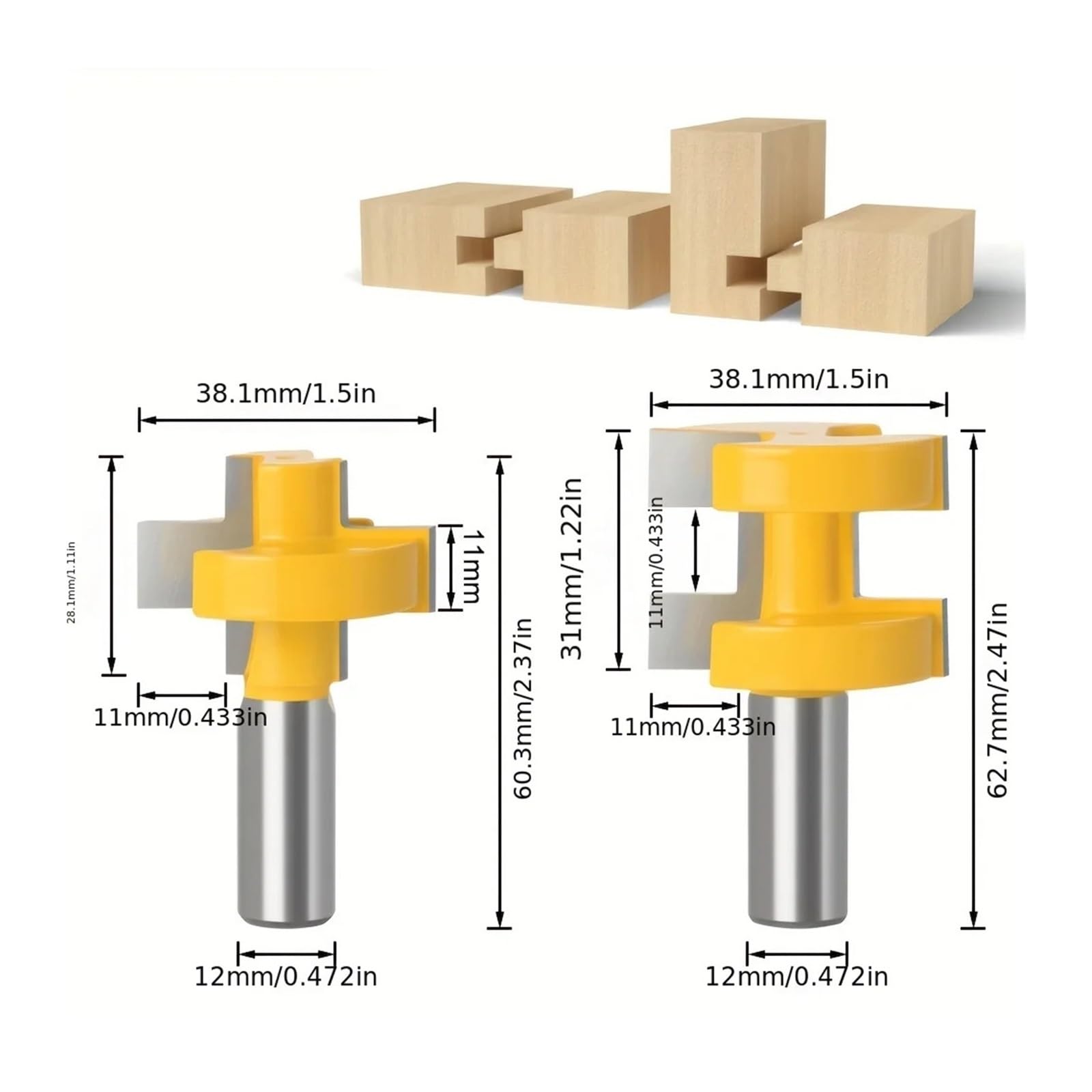 2 szt. 1/2" trzpień 8 mm prosty zestaw frezów do dłutowania zębów złączy podłoga boazerie obróbka drewna‌(12mm)