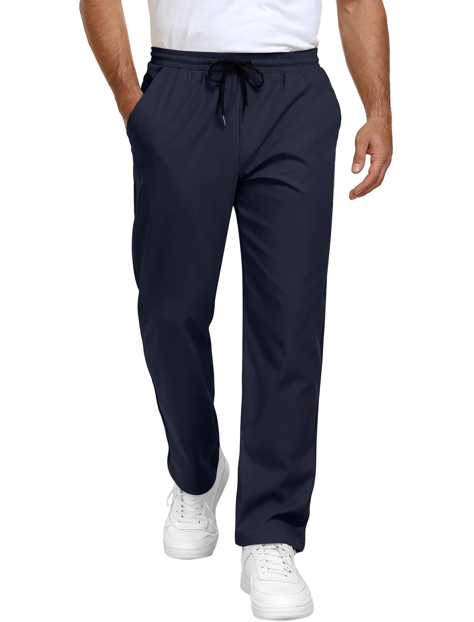Mens Casual Pants Drawstring Elastic Waist Chino Pants with Pockets Lightweight Straight Leg Trousers, Stretch Chinos Pants, Relaxed Fit, Breathable, Leisure Wear, Office Wear, Vacation Wear