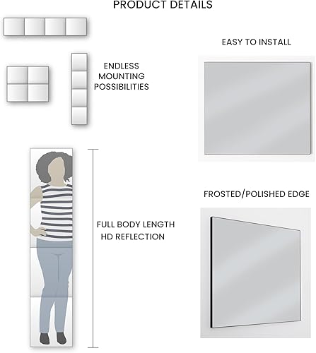 Miniatura 8 de Dulles Glass - Espejos de pared, azulejos de espejo de pared de vidrio de 12 x 10 pulgadas (16 unidades), espejo grande de cuerpo completo para