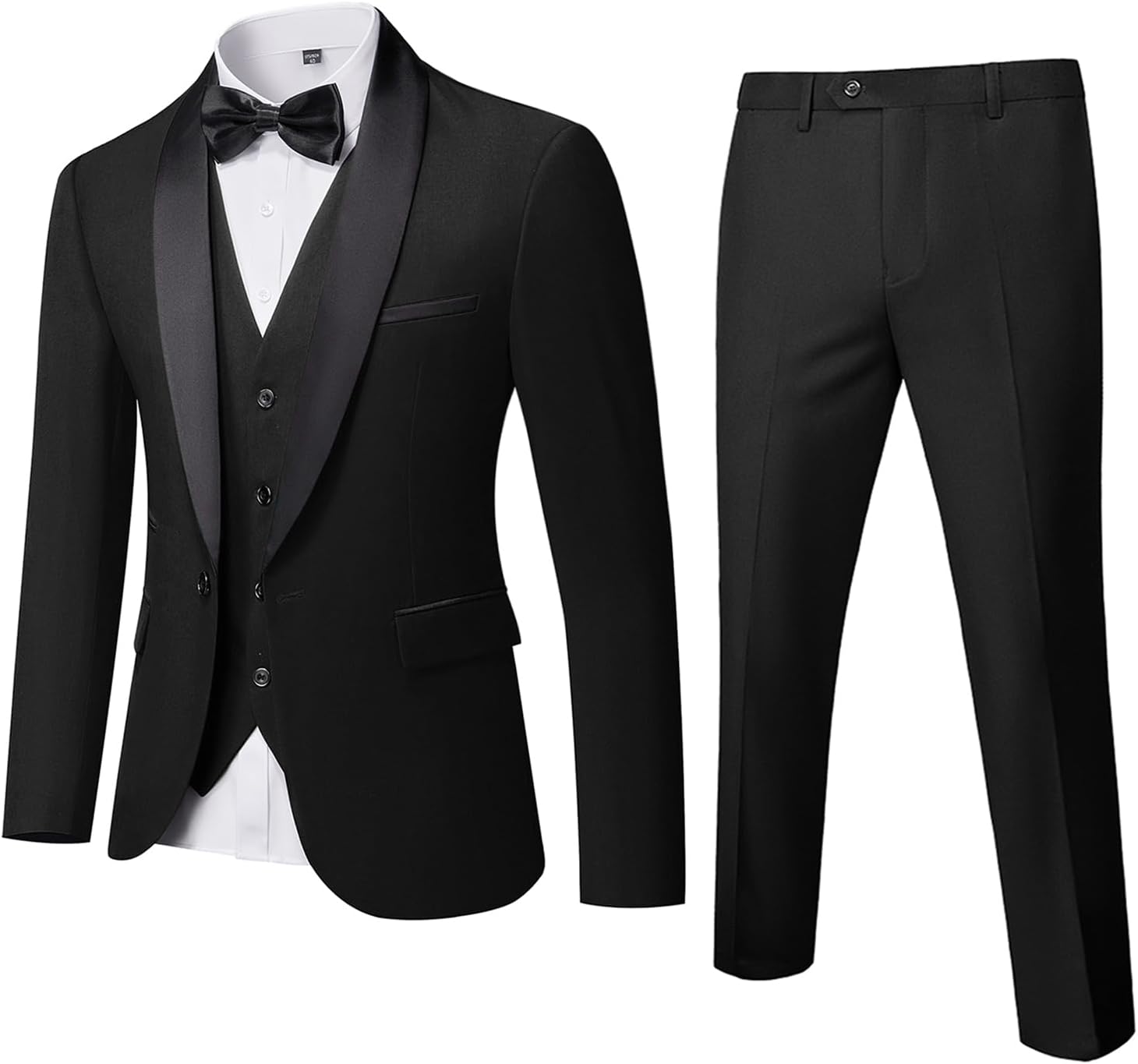Men's 3 Piece Slim Fit Tuxedo Set, One Button Shawl Collar Solid Jacket Vest Pants with Bow Tie