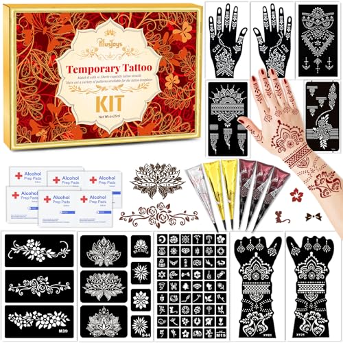 Temporary Tattoo Stencil Kit 10 Sheets (7 Large Hand & Half Arm), 6 Pcs 3 Color Cones (Black/Brown/Cherry Red),Temporary Tattoos for Adults Kids Men Women,DIY Body Art with Stencils
