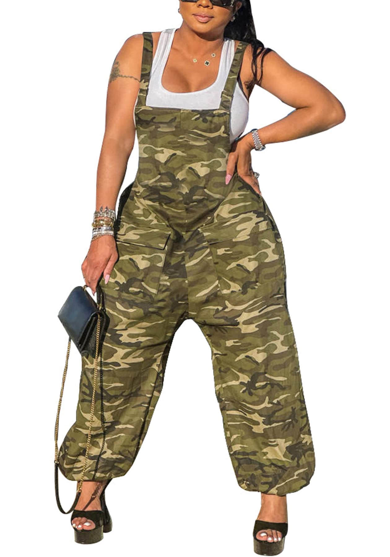 LETSVDOWomens Casual Demin Harem Jumpsuit Plus Size Camo Spaghetti Strap Sleeveless Wide Leg Baggy Overalls Romper Pants
