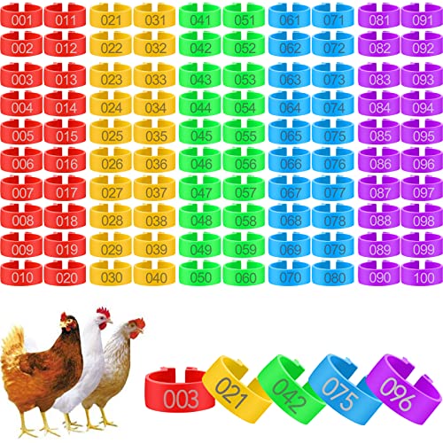 Xiumeso 100pcs Bague Poule Anneaux de Jambe d'Identification, 16 mm, 5 Couleurs Anneaux de Jambe d'Identification Clip Numéroté 1-100 sur la Volaille, pour Poulet, Canard, Goose