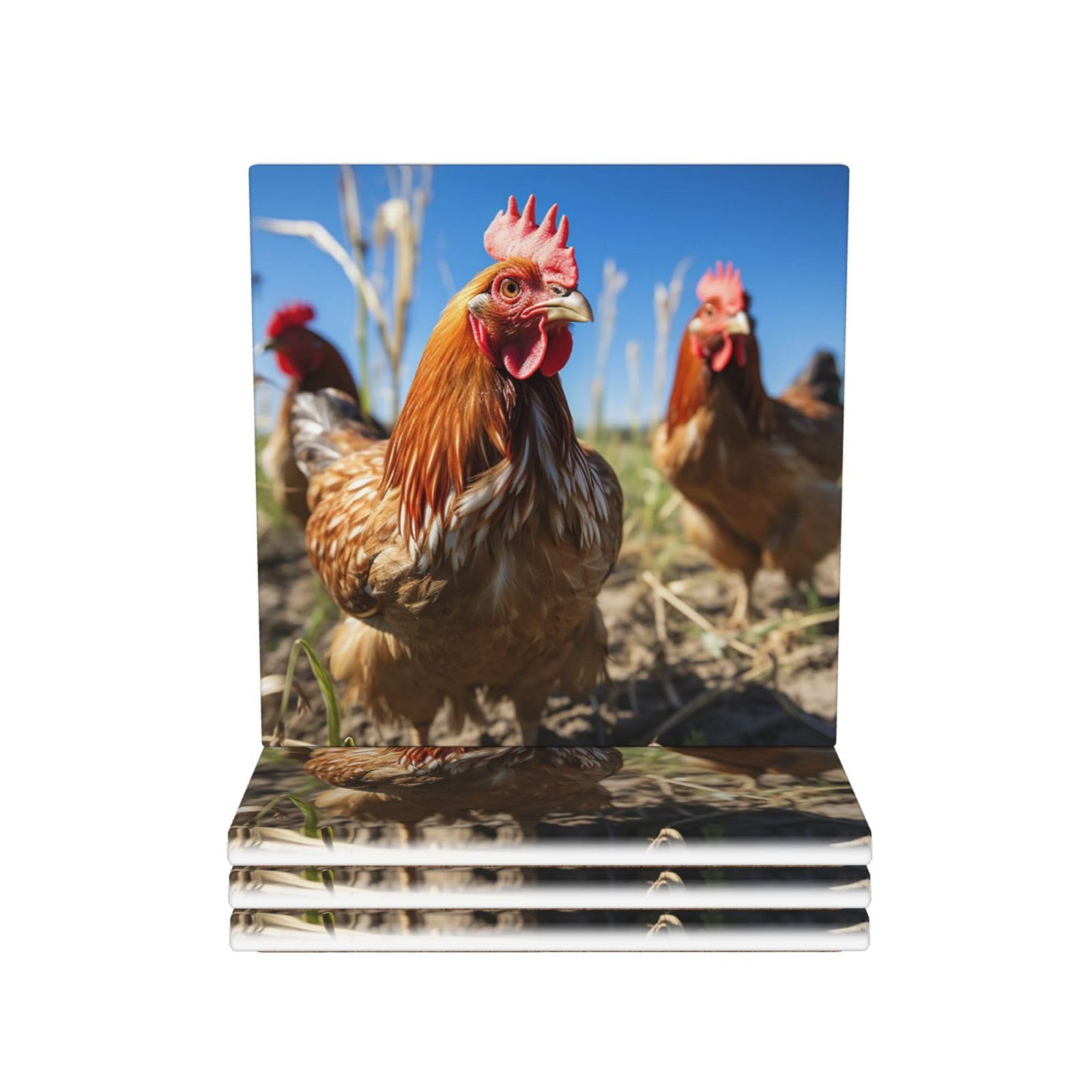 Drink Coasters Set of 4 Ceramic Coaster Funny Chicken Grass Coasters for Drinks Cups Mugs Mat Pads Absorbent Non-Slip Decorative Cup Coaster for Coffee Table Kitchen Bar Home Decor