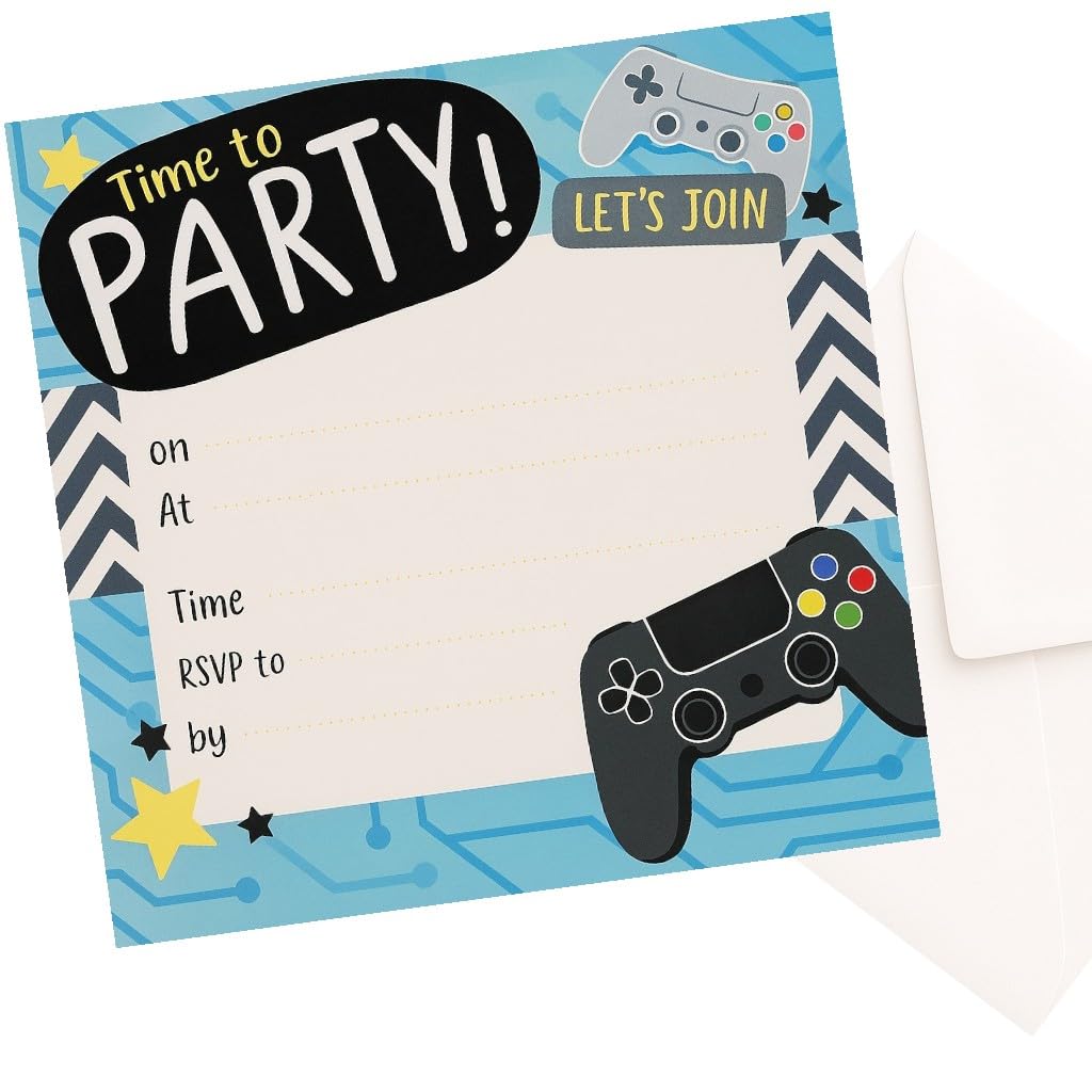 12 Gaming Party Invitations – Video Game Birthday Invites with Envelopes | Gamer-Themed Party Supplies | Card | 13.5 x 13.5 cm | Boys & Girls Birthday Party Invitations