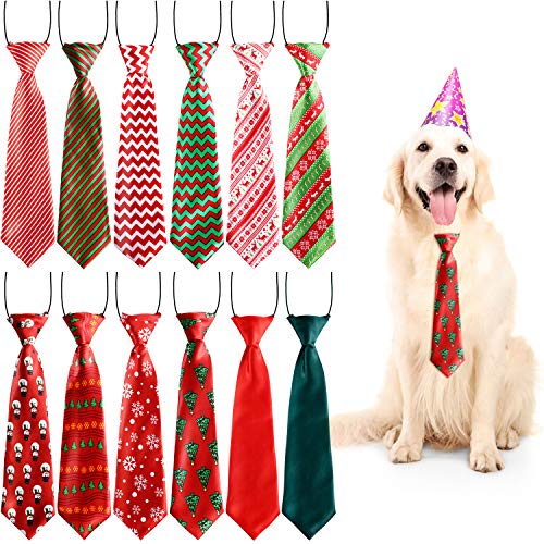 Syhood 12 Pieces Christmas Large Dog Ties Xmas Large Pet Neckties Xmas Tree Snowman Snowflake Pattern Neck Tie for Christmas Party Dog Grooming Accessories